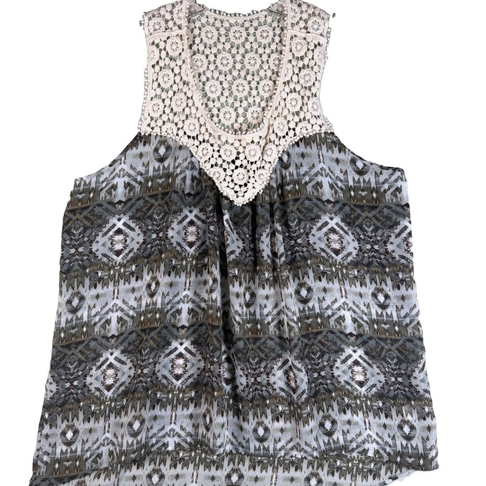 Bobeau Womens XL Gray Tribal Print Crochet Lace Yoke Sleeveless Blouse